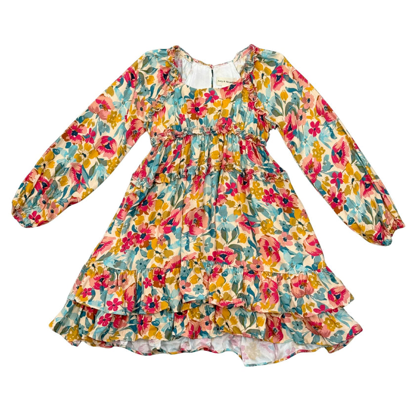 Girls Peasant Shirred Waist Dress in Cooper Painterly Floral