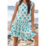 Maribel Cropped Women's Tank and Skirt Set Cream Aqua Ikat, Blue