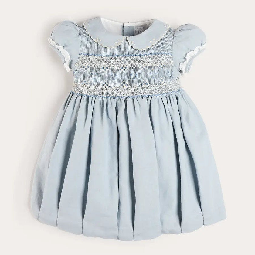 Hand Smocked Peter Pan Collar Short Sleeve Dress in Sky Blue (12mths-10yrs)