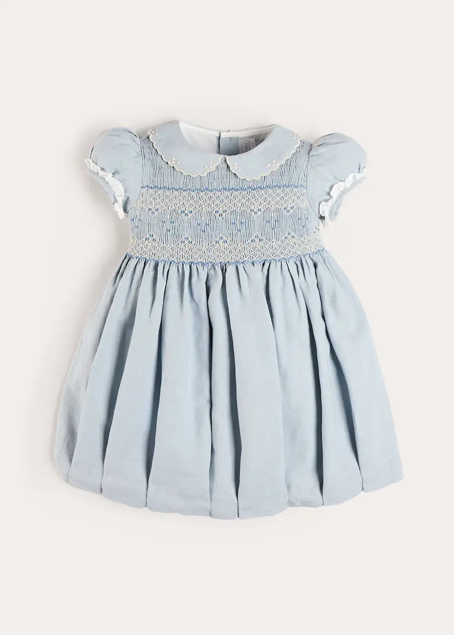 Hand Smocked Peter Pan Collar Short Sleeve Dress in Sky Blue (12mths-10yrs)