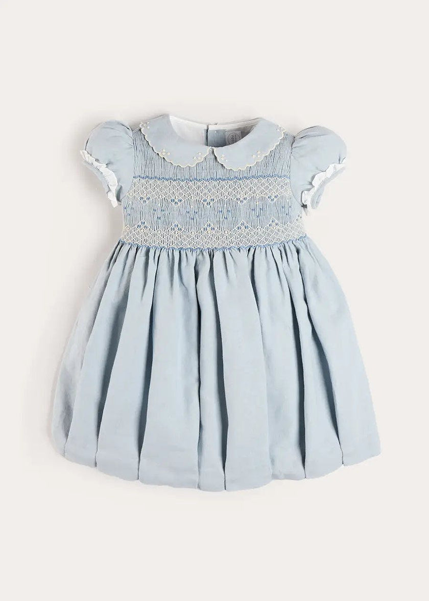 Hand Smocked Peter Pan Collar Short Sleeve Dress in Sky Blue (12mths-10yrs)