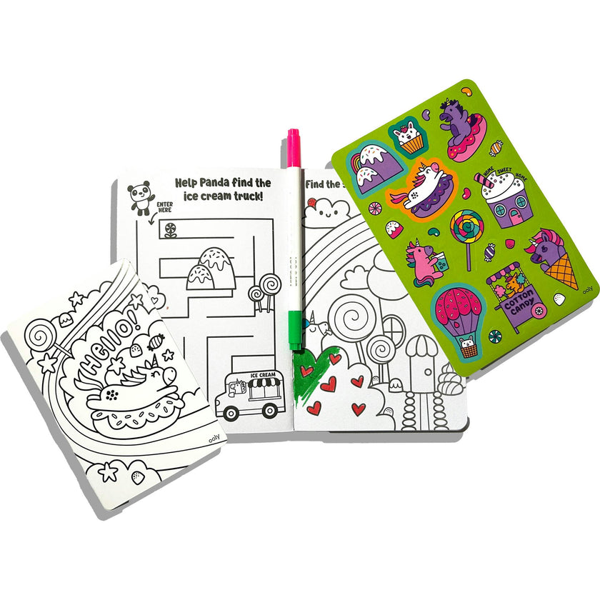 Let's Go! Activity & Coloring Kit - Unicorn Candy Town - Activity Book Markers Postcards Stickers