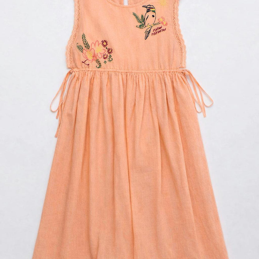 BIRDS EMBROIDERED DRESS PEACH