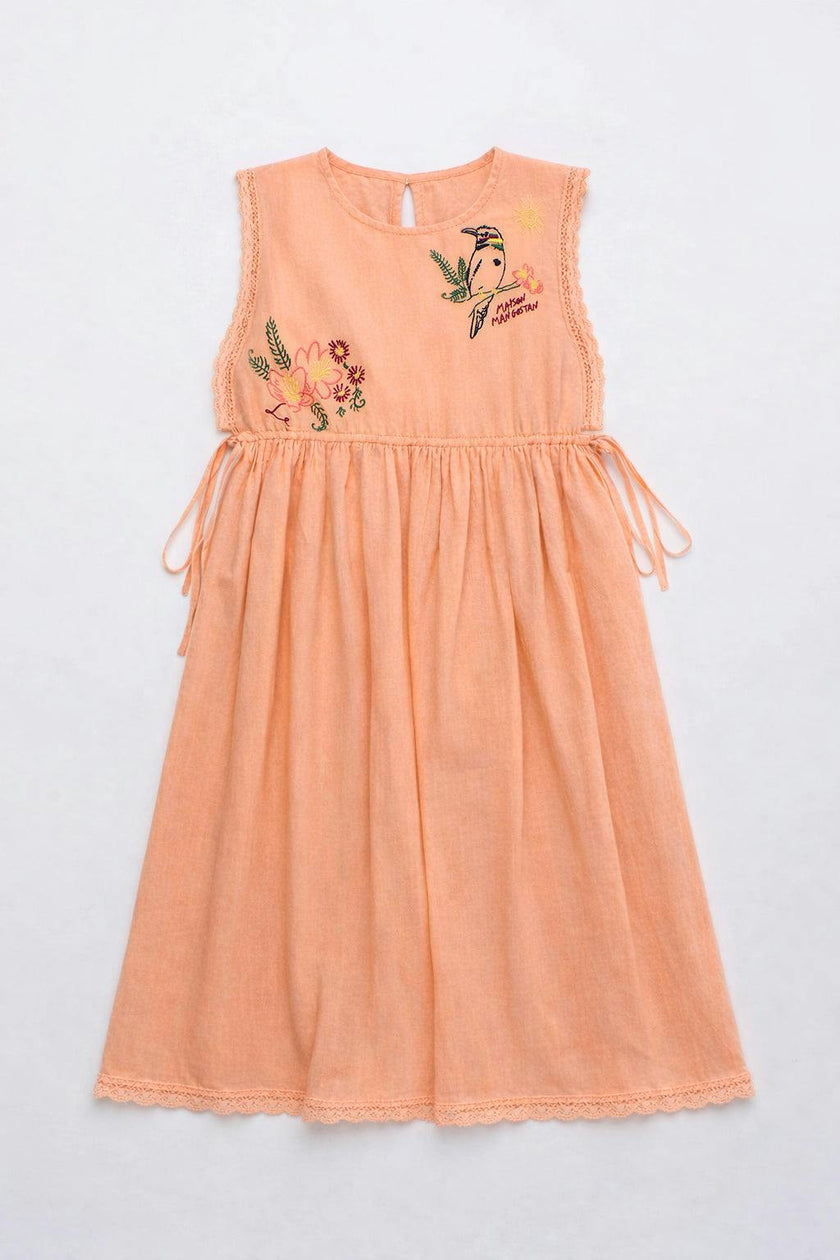 BIRDS EMBROIDERED DRESS PEACH