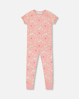 Organic Cotton Short Sleeve Top And Pant Pajama Set Pink And Blue Butterflies On Old Pink