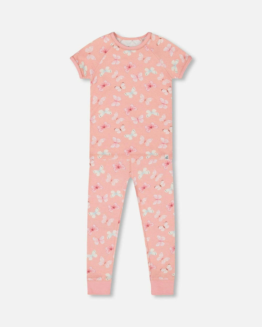 Organic Cotton Short Sleeve Top And Pant Pajama Set Pink And Blue Butterflies On Old Pink