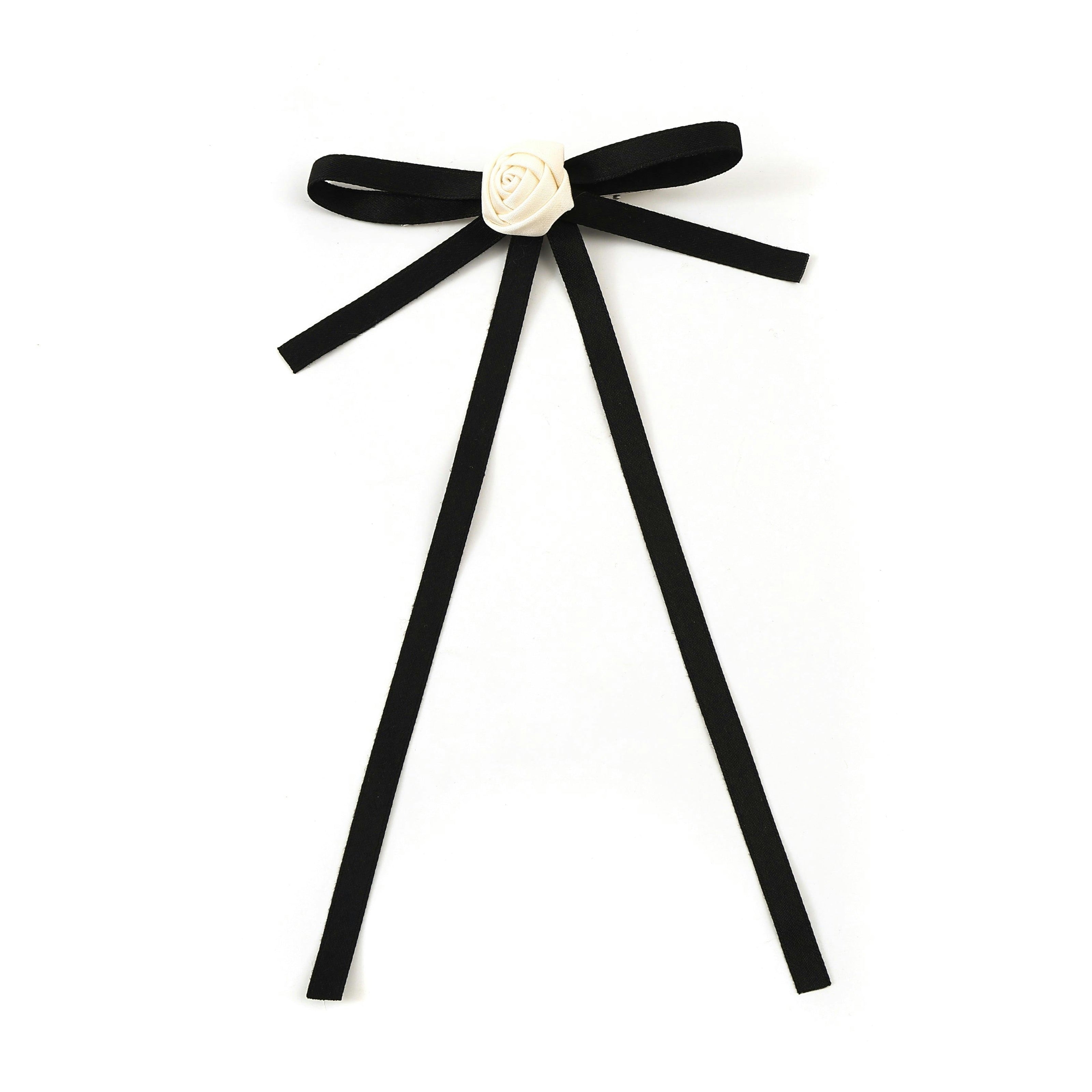 Halo Luxe Darla Rose Satin  Bow Hair Clip - Black / Ivory