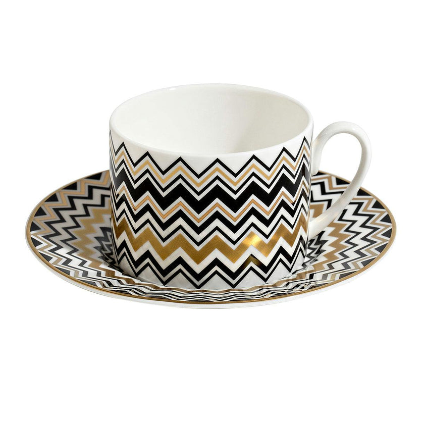 Tea Cup & Saucer ZIG ZAG Set of 2 in Luxury Box Gold diam. 3.3", H 2.3", cap. 7.5 oz, Saucer diam. 6"