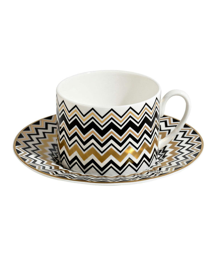 Tea Cup & Saucer ZIG ZAG Set of 2 in Luxury Box Gold diam. 3.3", H 2.3", cap. 7.5 oz, Saucer diam. 6"