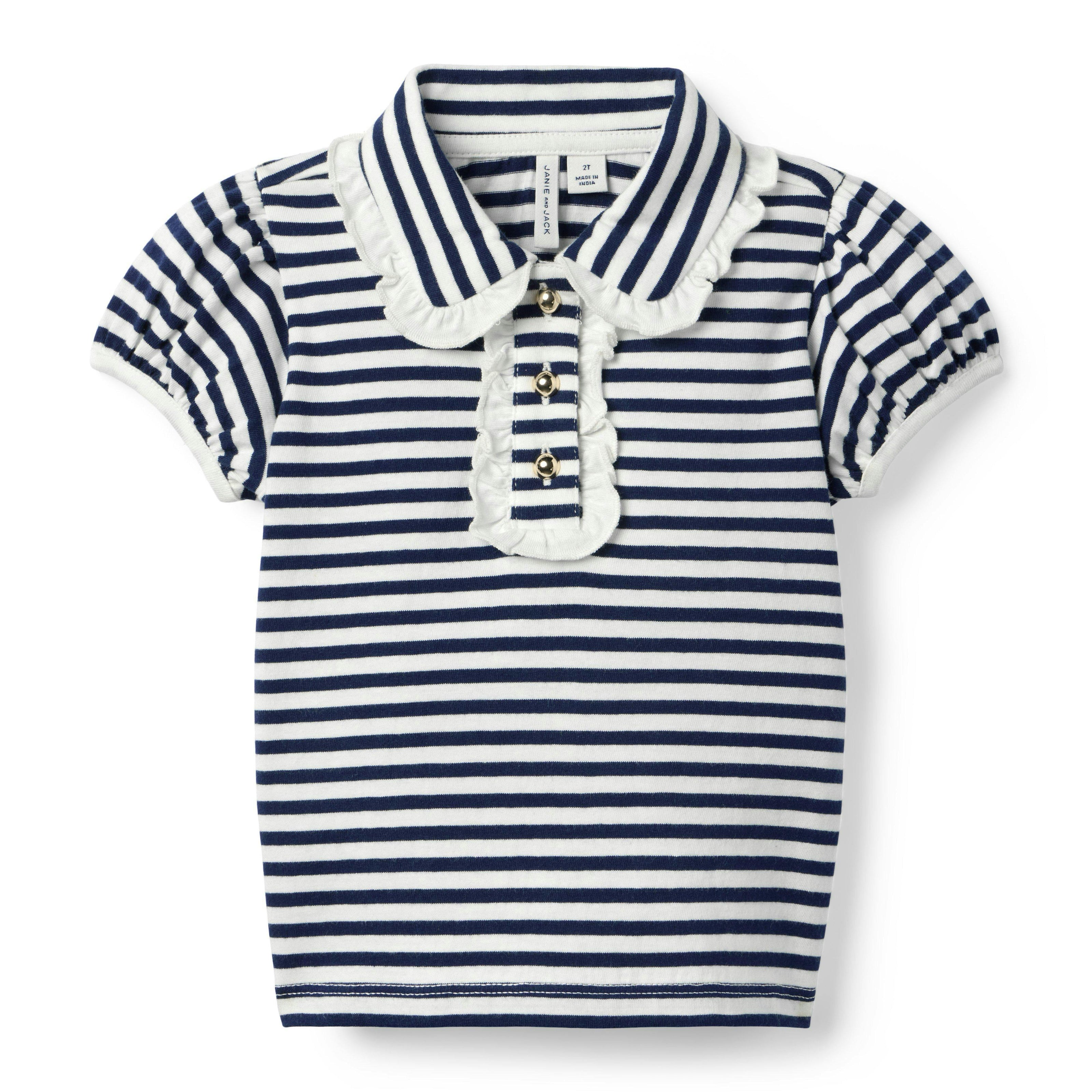 Striped Puff Sleeve Polo, navy blue