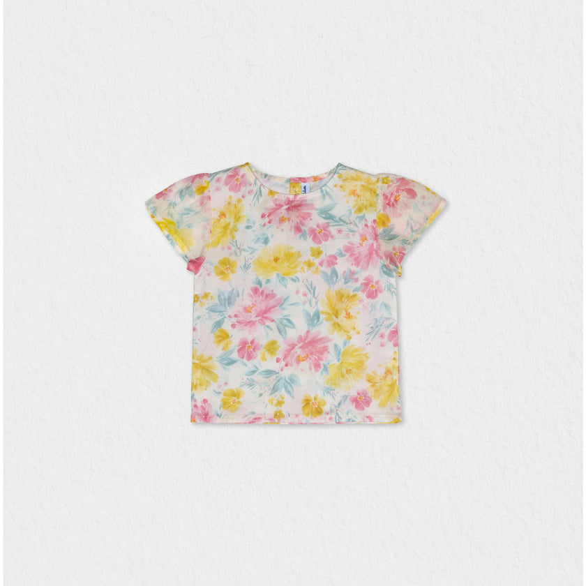 Elara Girl Blouse Short Sleeve, Yellow Pink Lagoon