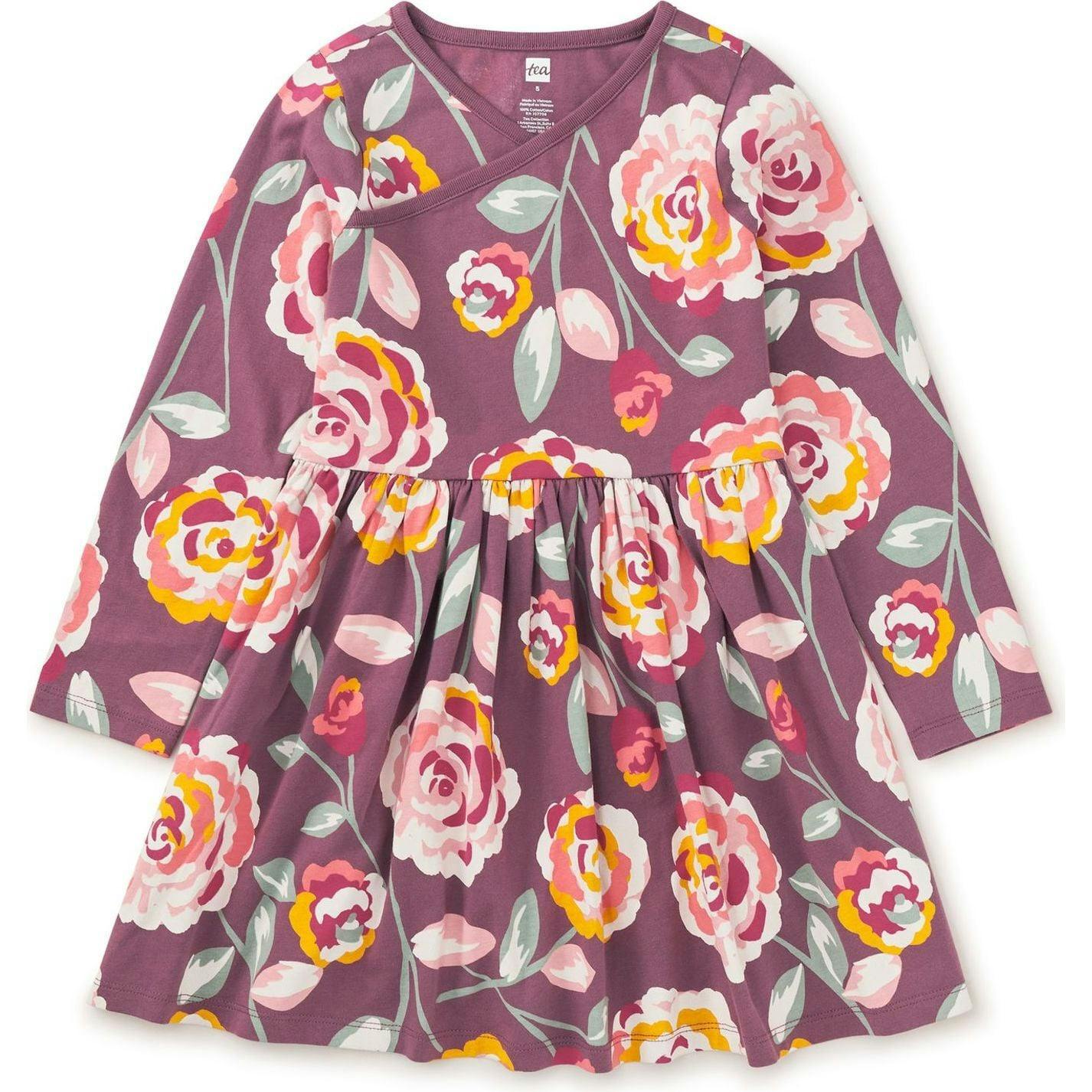 Rose Print Empire Waist Long Sleeve Wrap Neck Dress, Multi