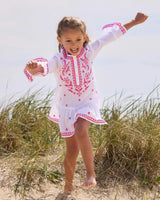 Embroidered Kaftan in White/Fuchsia
