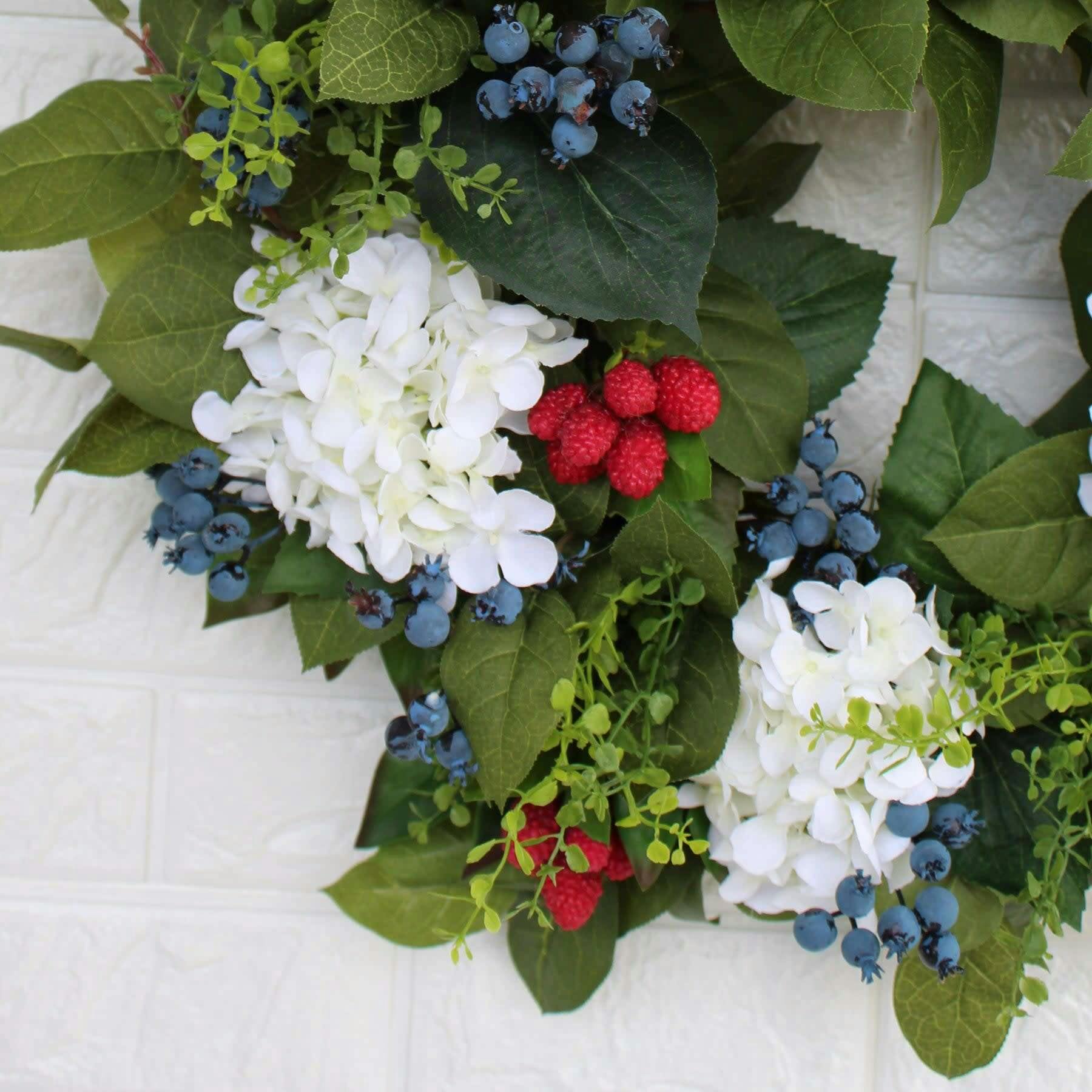 Williamsburg Style Americana Fruit Wreath with Hydrangea, Raspberry & Blueberry Summer Front Door Wreath