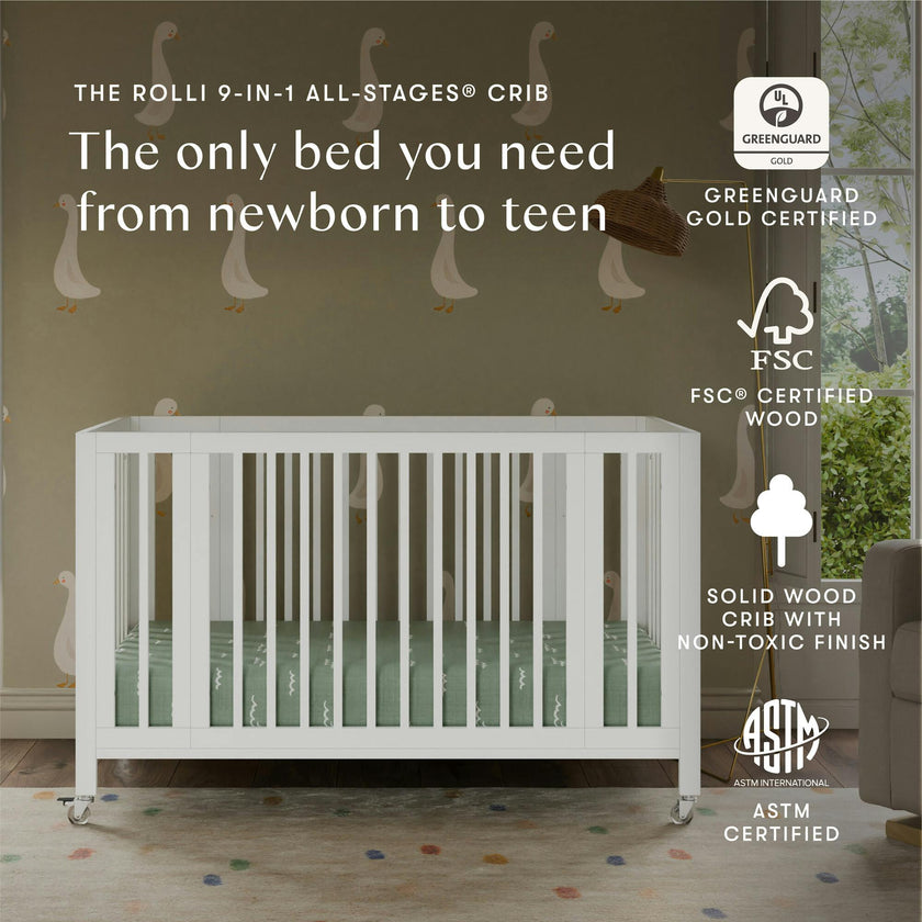 Rolli 9-in-1 Convertible All-Stages® Crib with Bassinet & Toddler Bed Conversion Kits in White
