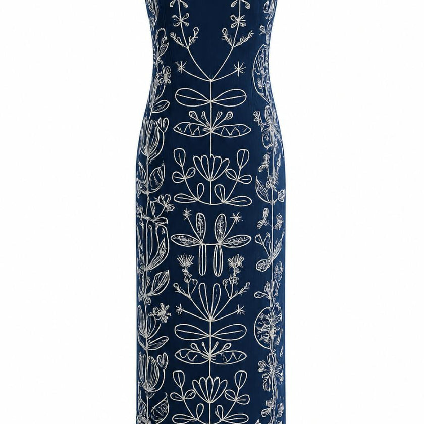 Vince Navy Embroidery Midi Dress