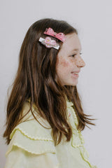 Heart Planet with Bow Pearlized Pink Hair Clips -VAL