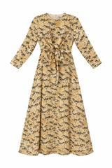 Printed Long Sleeve Wrap Waist Midi Dress