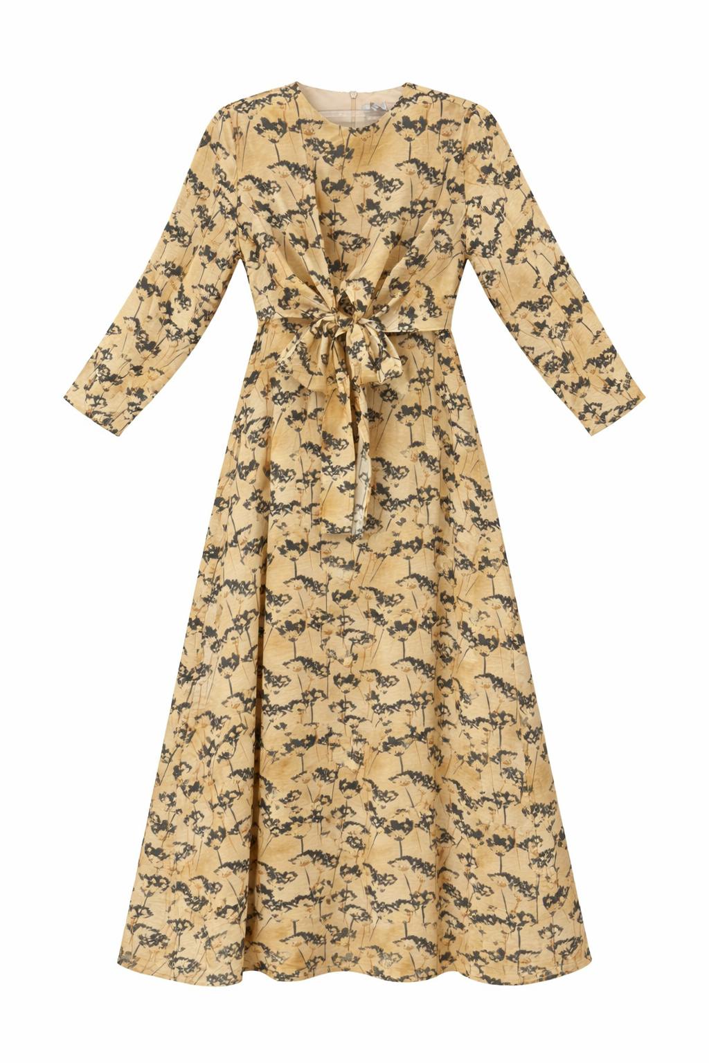 Printed Long Sleeve Wrap Waist Midi Dress