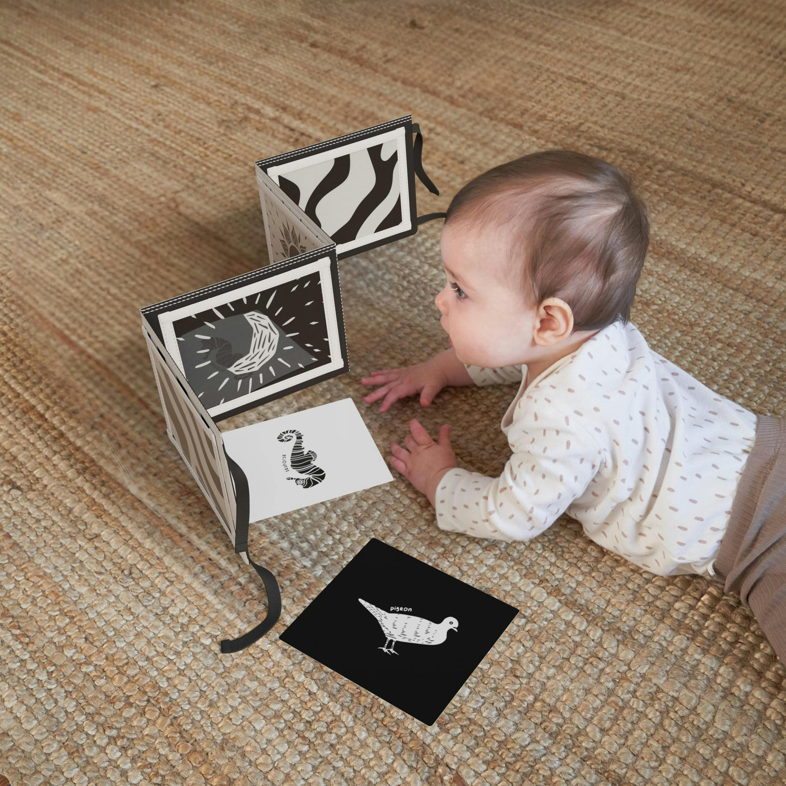 Soft Tummy Time Book w/Large Stimulating Baby Safe Mirror - High Contrast Montessori Toy w/Mirror, Crinkle Filling & Silicone Teether - For Newborn Development