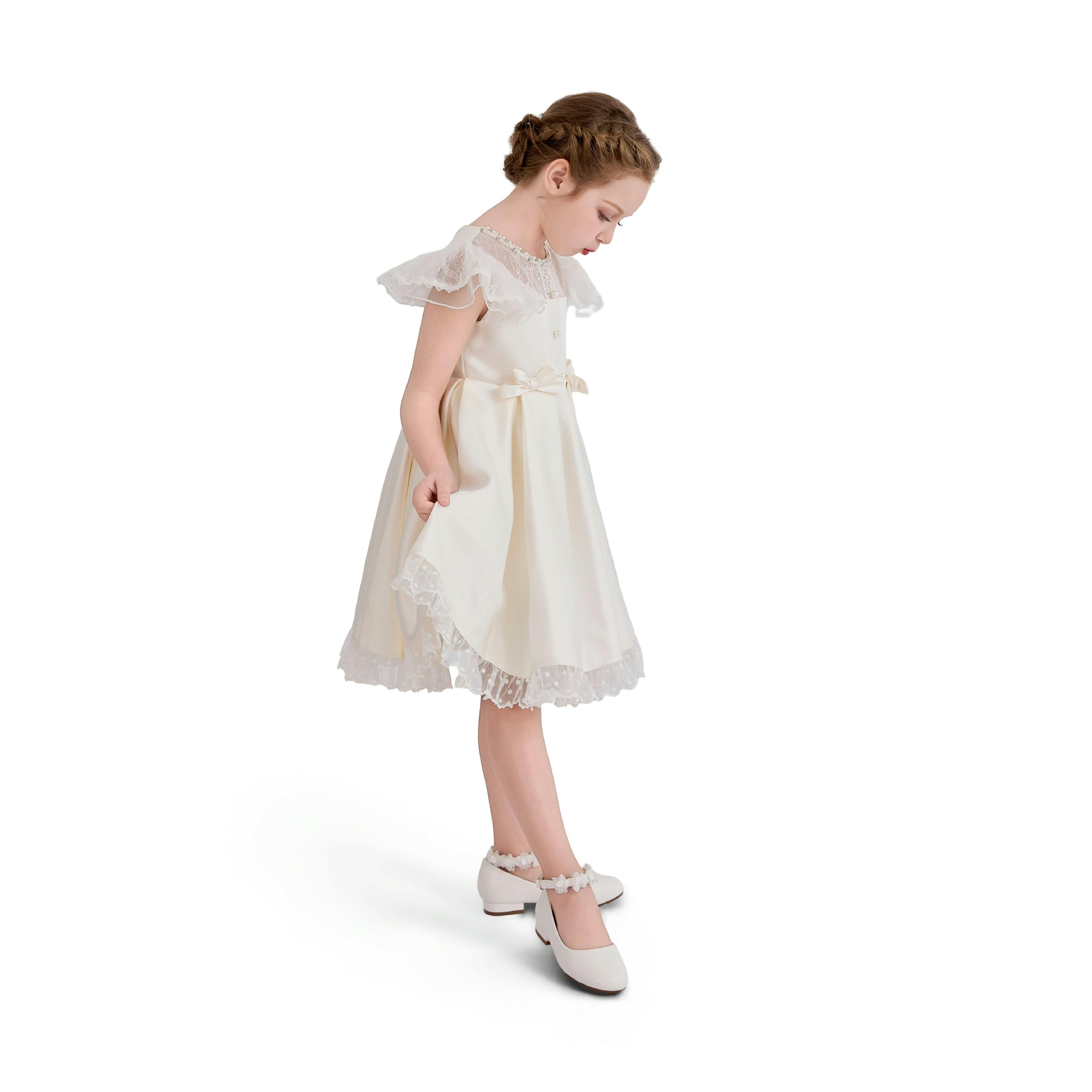 Ivory Riverelle Lace-Trim Puff Sleeve Dress