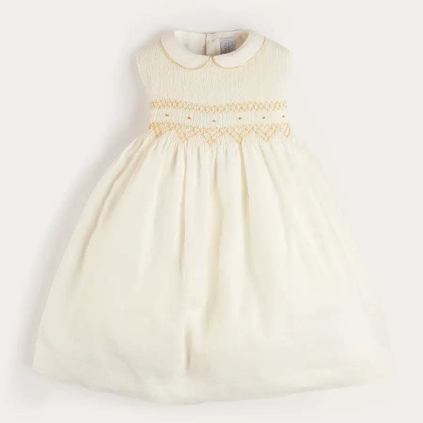 Hand Smocked Gold Embroidered Sleeveless Dress in Ivory (12mths- 10yrs)