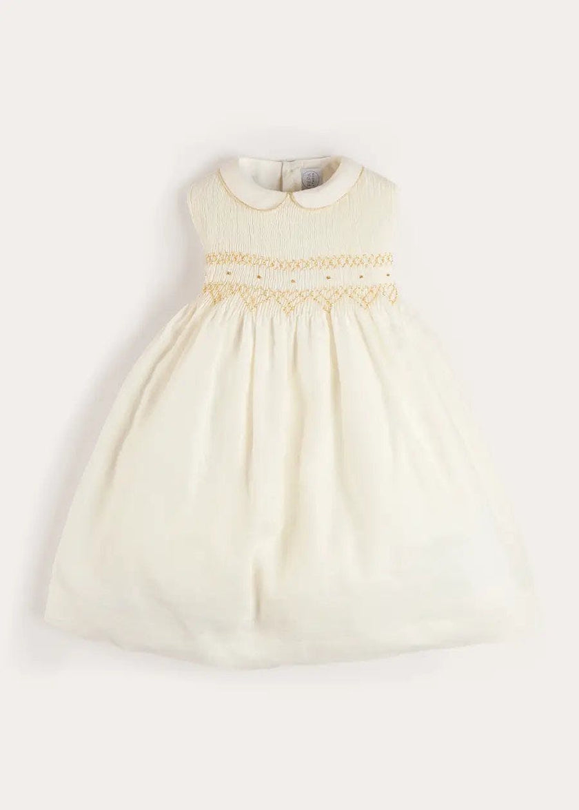 Hand Smocked Gold Embroidered Sleeveless Dress in Ivory (12mths- 10yrs)