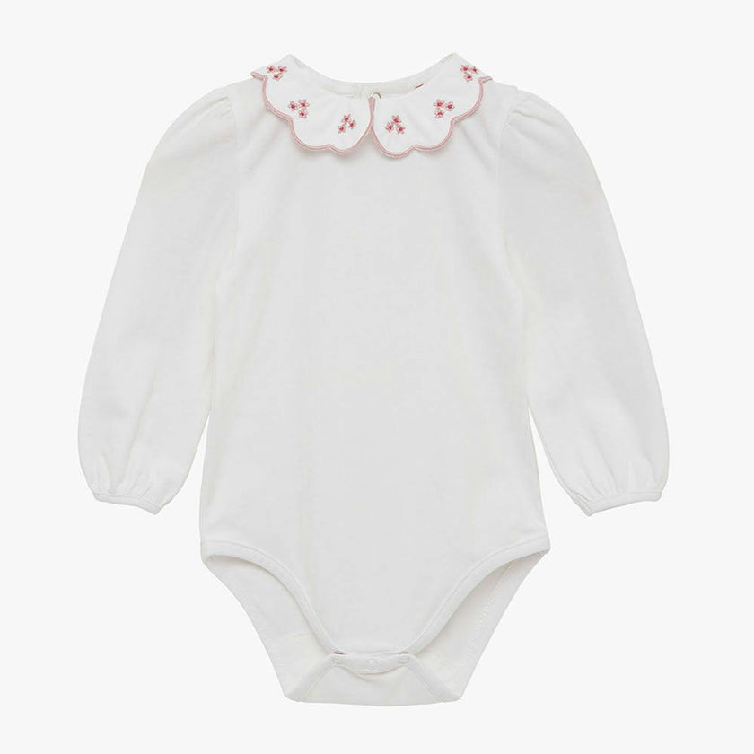 Baby Long-Sleeved Petal Floral Bodysuit in White/Pink