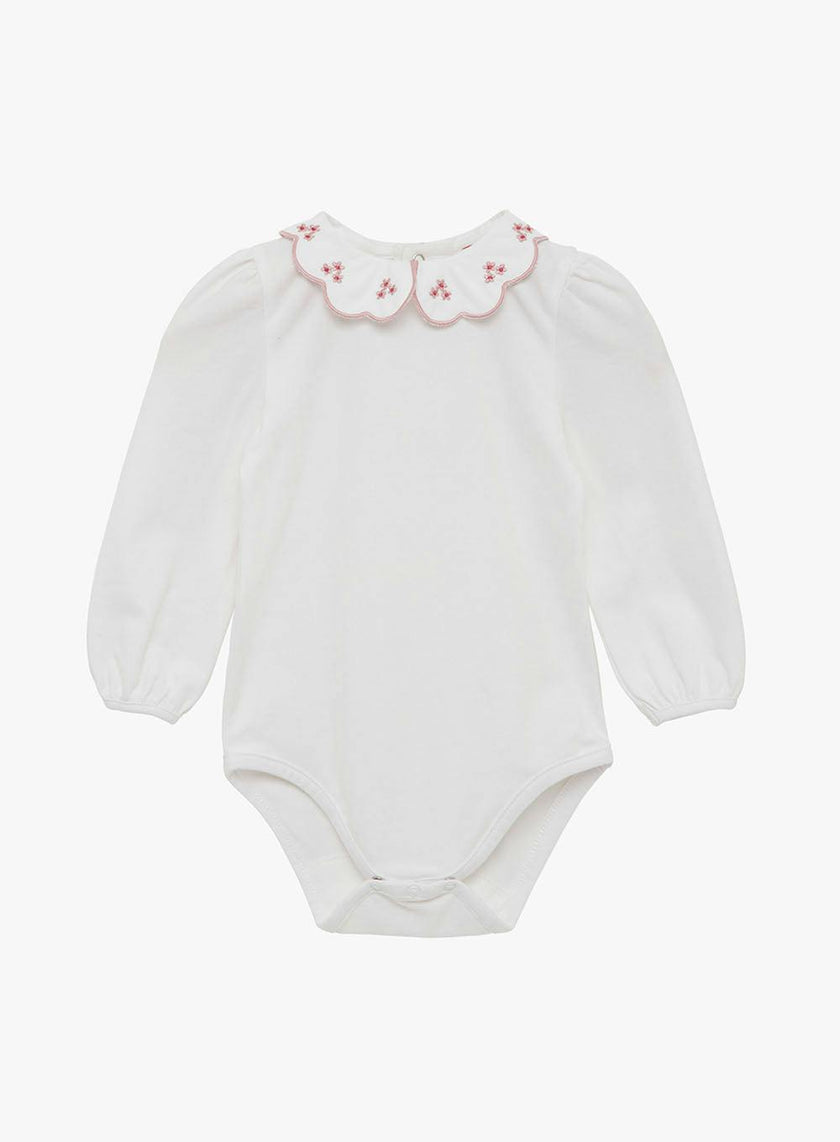 Baby Long-Sleeved Petal Floral Bodysuit in White/Pink