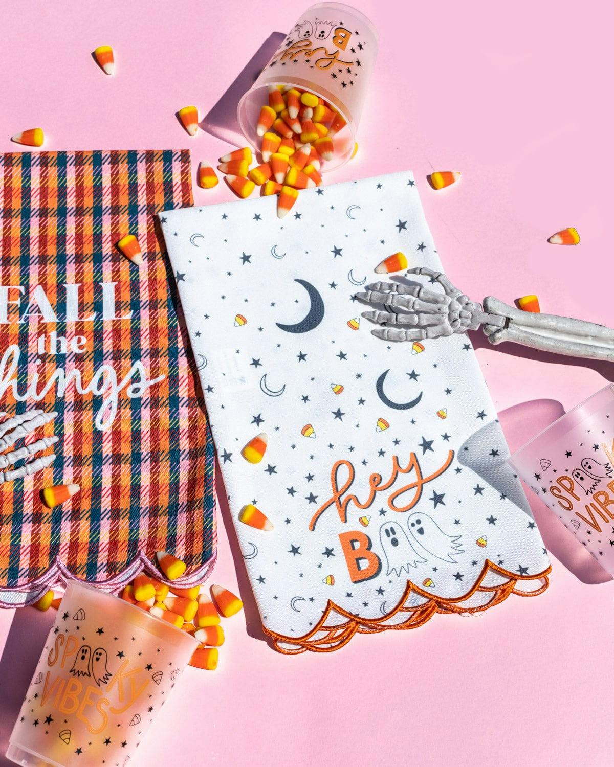 Hey Boo Halloween Tea Towel - Scalloped Orange Trim Kitchen Dish Towel with Ghost Print, 20x25 Inch