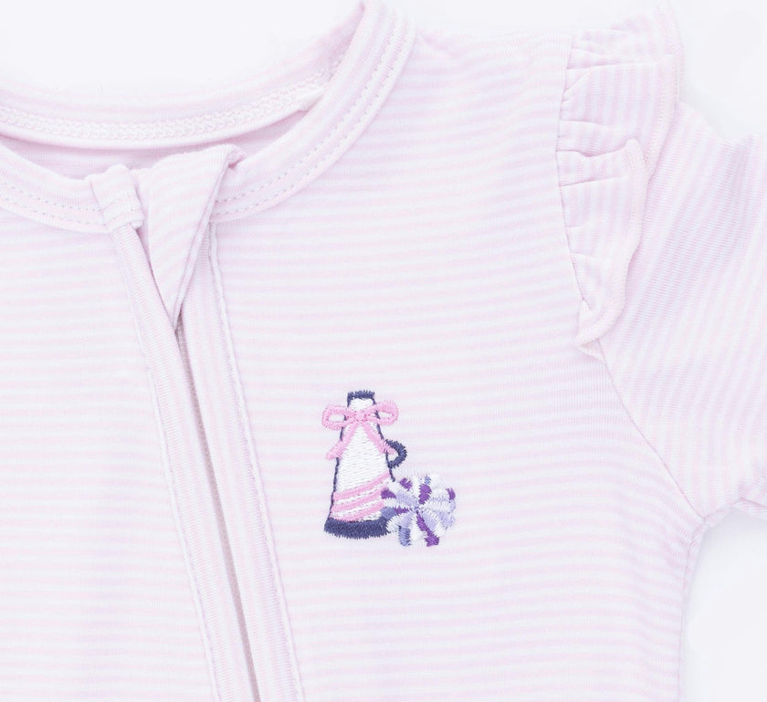 Cheer Pink Micro Stripe - 2 Way Ruffle Sleeve Zipper Footie