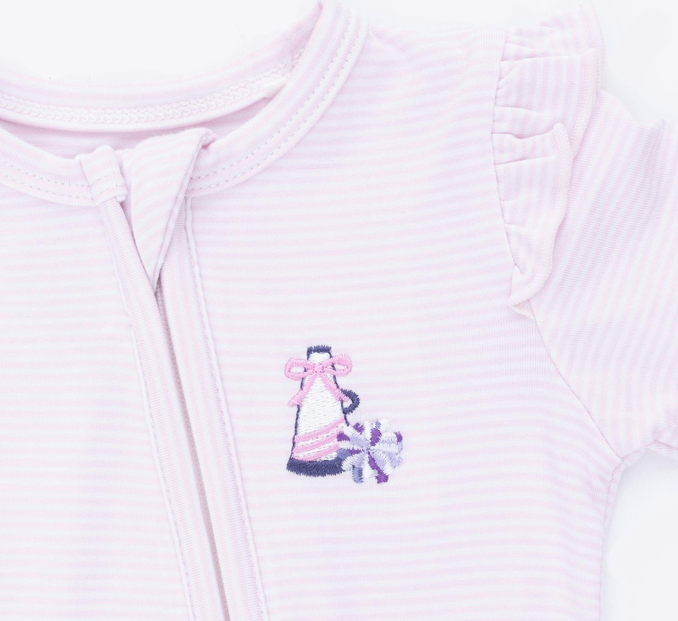 Cheer Pink Micro Stripe - 2 Way Ruffle Sleeve Zipper Footie