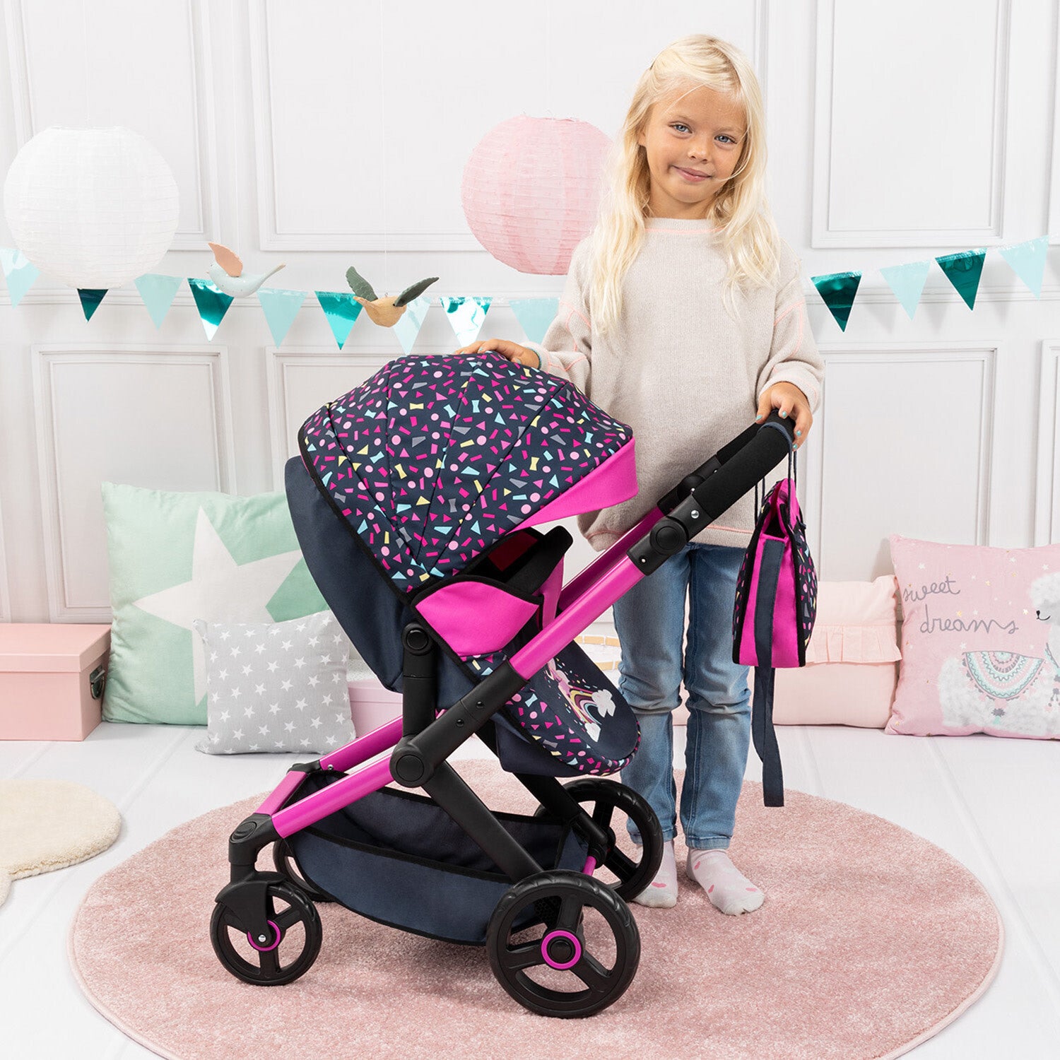 Bayer Design Dolls: Pram Xeo - Shapes Navy & Pink