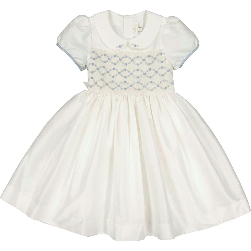 Bagatelle White/Blue Silk Handmade Smocked Dress