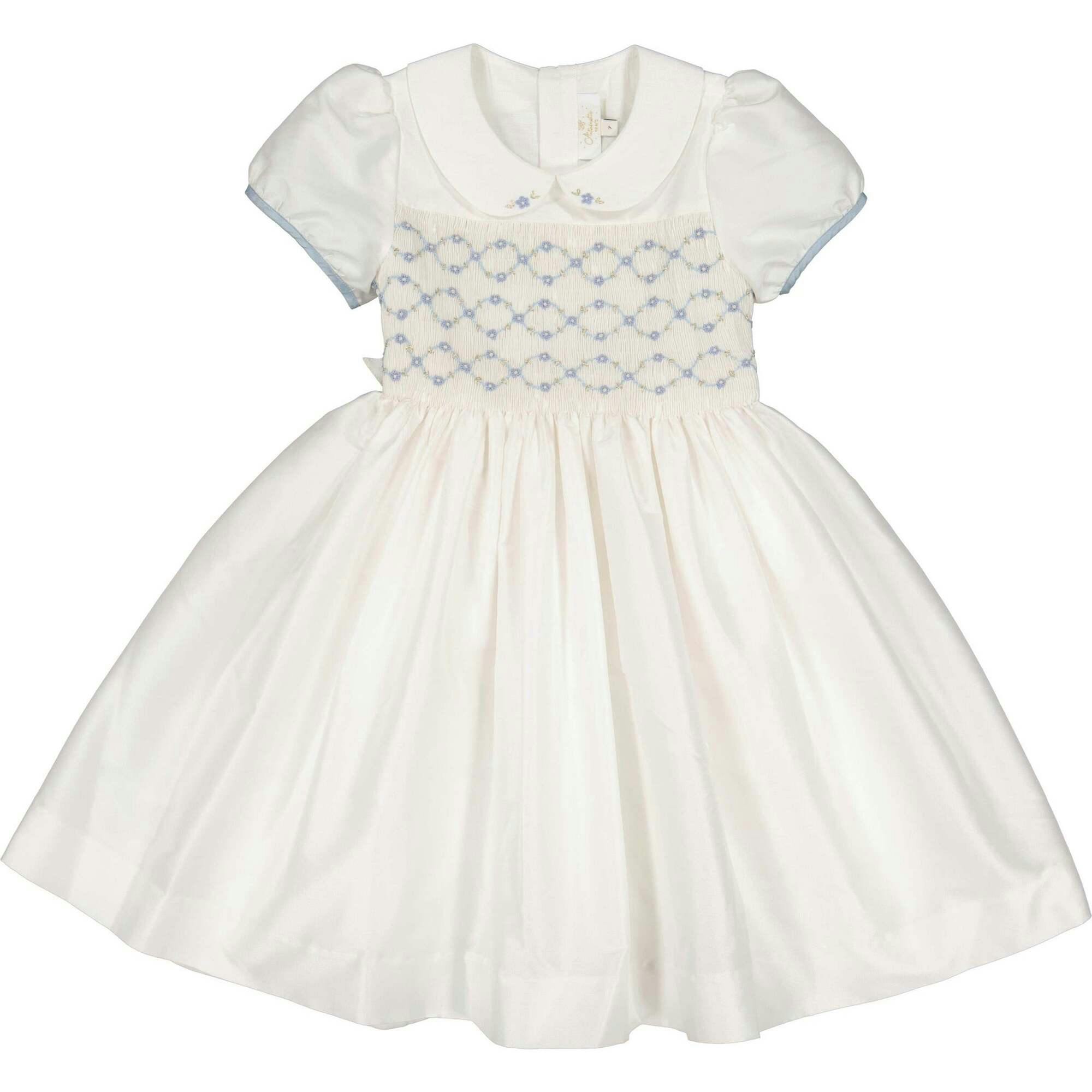 Bagatelle White/Blue Silk Handmade Smocked Dress