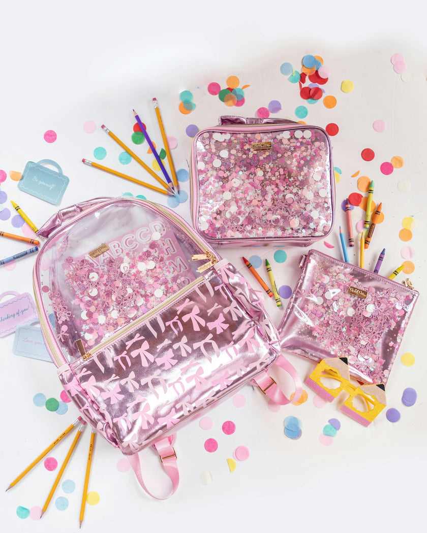 Pink Bow Confetti Clear Backpack by Packed Party | 17" Cute Backpack for Adults
