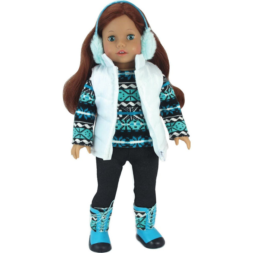 Sophia’s Teal & Black Ikat Print Sweater and Matching Boots, Black Leggings, and Puffy White Vest