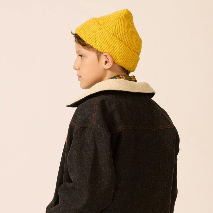 Organic Waffle Knit Beanie in Brass Yellow