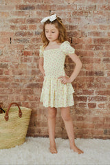 Lexi Pastel Yellow Ditsy Satin Smocked Short Sleeve Ruffle Dress