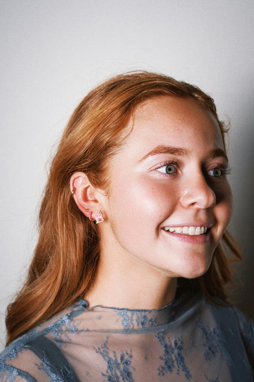 Pink Holiday Village House Stud Earrings