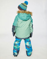 Two Piece Play Snowsuit Green And Navy Colorblock With Blue Camouflage Pants