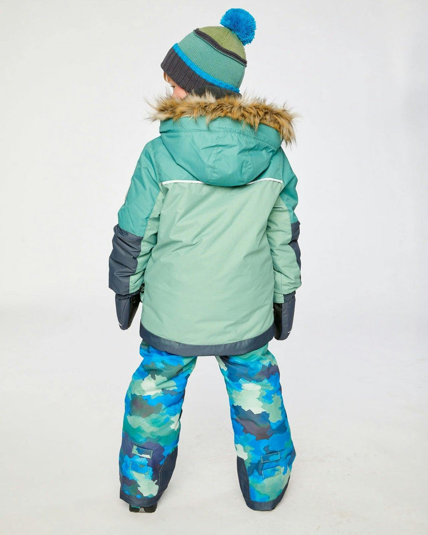 Two Piece Play Snowsuit Green And Navy Colorblock With Blue Camouflage Pants