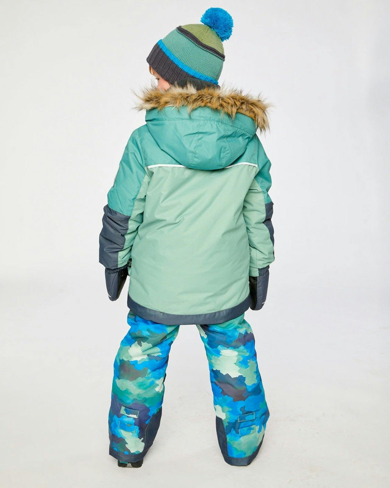 Two Piece Play Snowsuit Green And Navy Colorblock With Blue Camouflage Pants