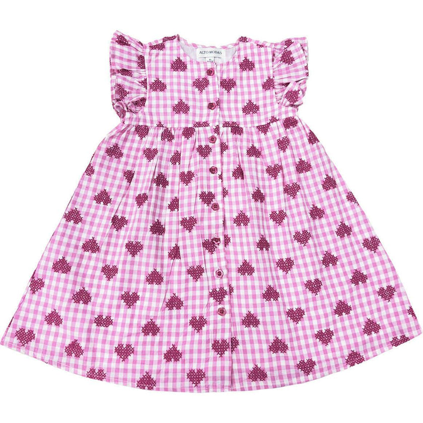 Pink Gingham Hearts Embroidery Girls Sunday Dress