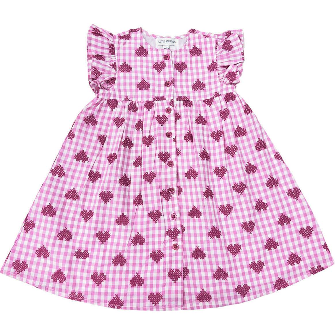 Pink Gingham Hearts Embroidery Girls Sunday Dress