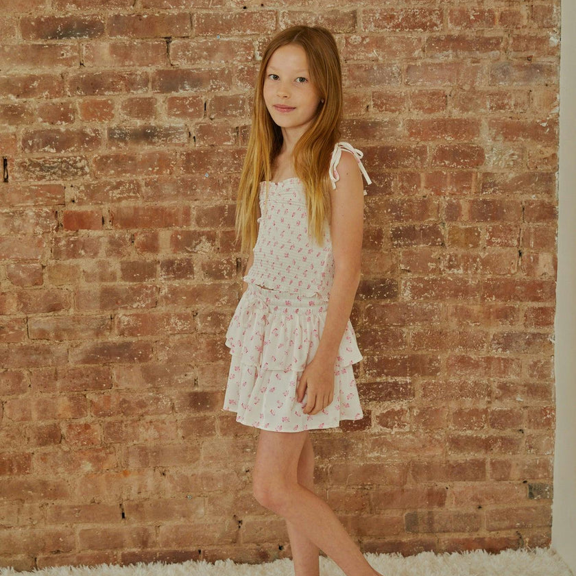 Georgia White With Pastel Pink Ditsy Satin Smocked Top