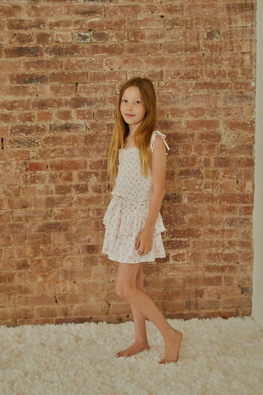 Georgia White With Pastel Pink Ditsy Satin Smocked Top