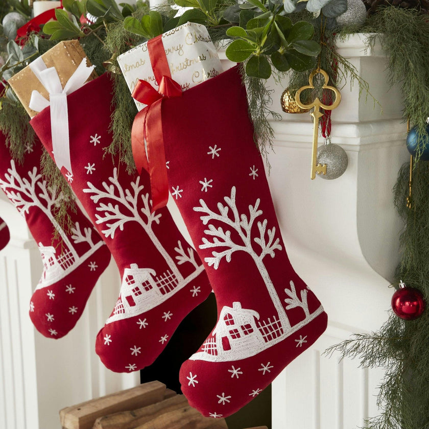 Snowy Village Embroidered Scene Red Handmade Christmas Stocking
