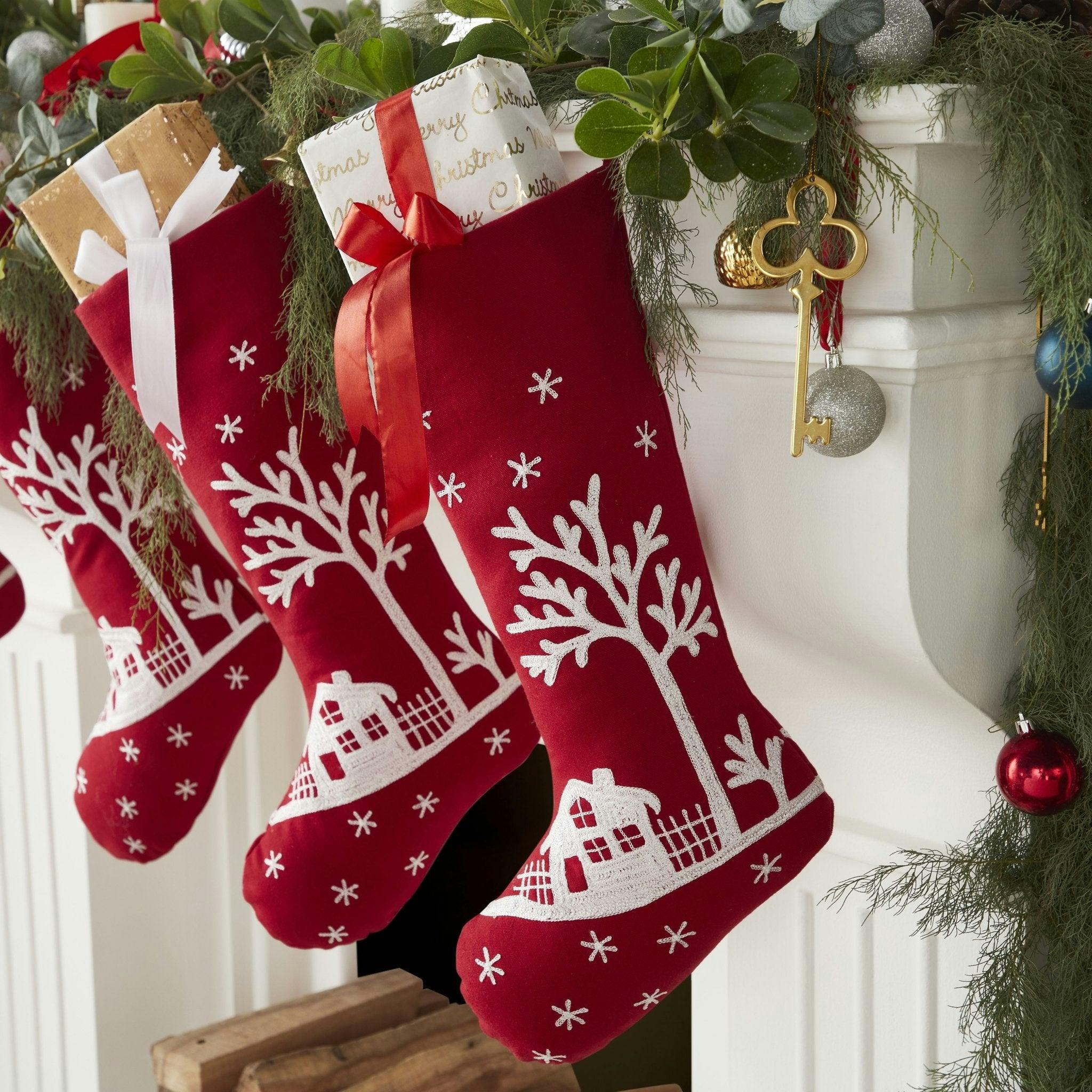 Snowy Village Embroidered Scene Red Handmade Christmas Stocking Arcadia Home