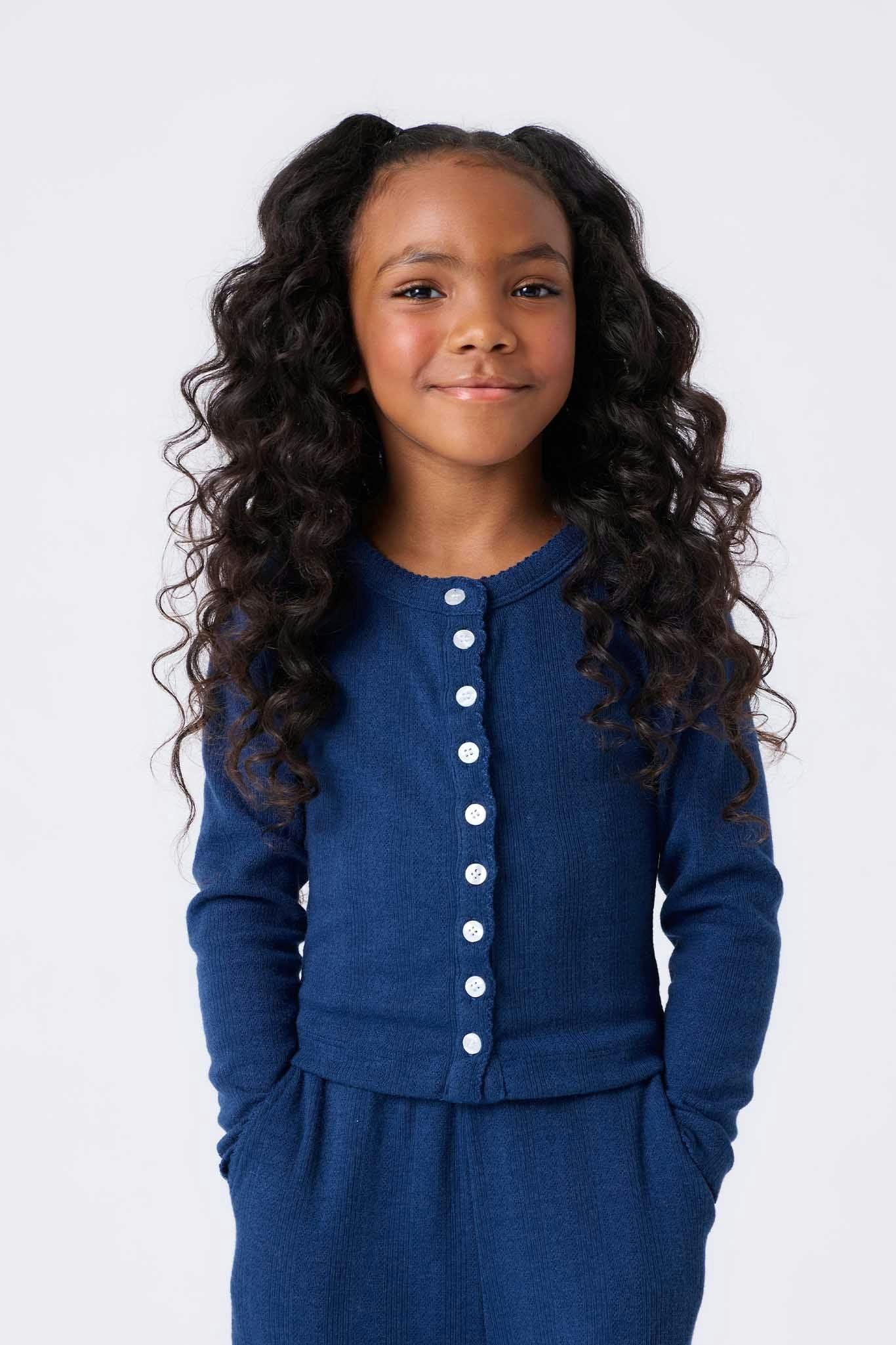 Girls Pointelle Cardigan in Navy